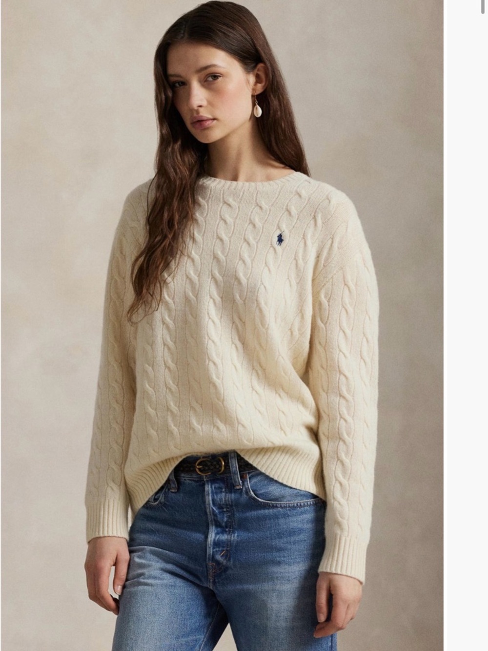 Ralph Lauren Ivory Wool Cashmere Cable-Knit Crewneck Sweater